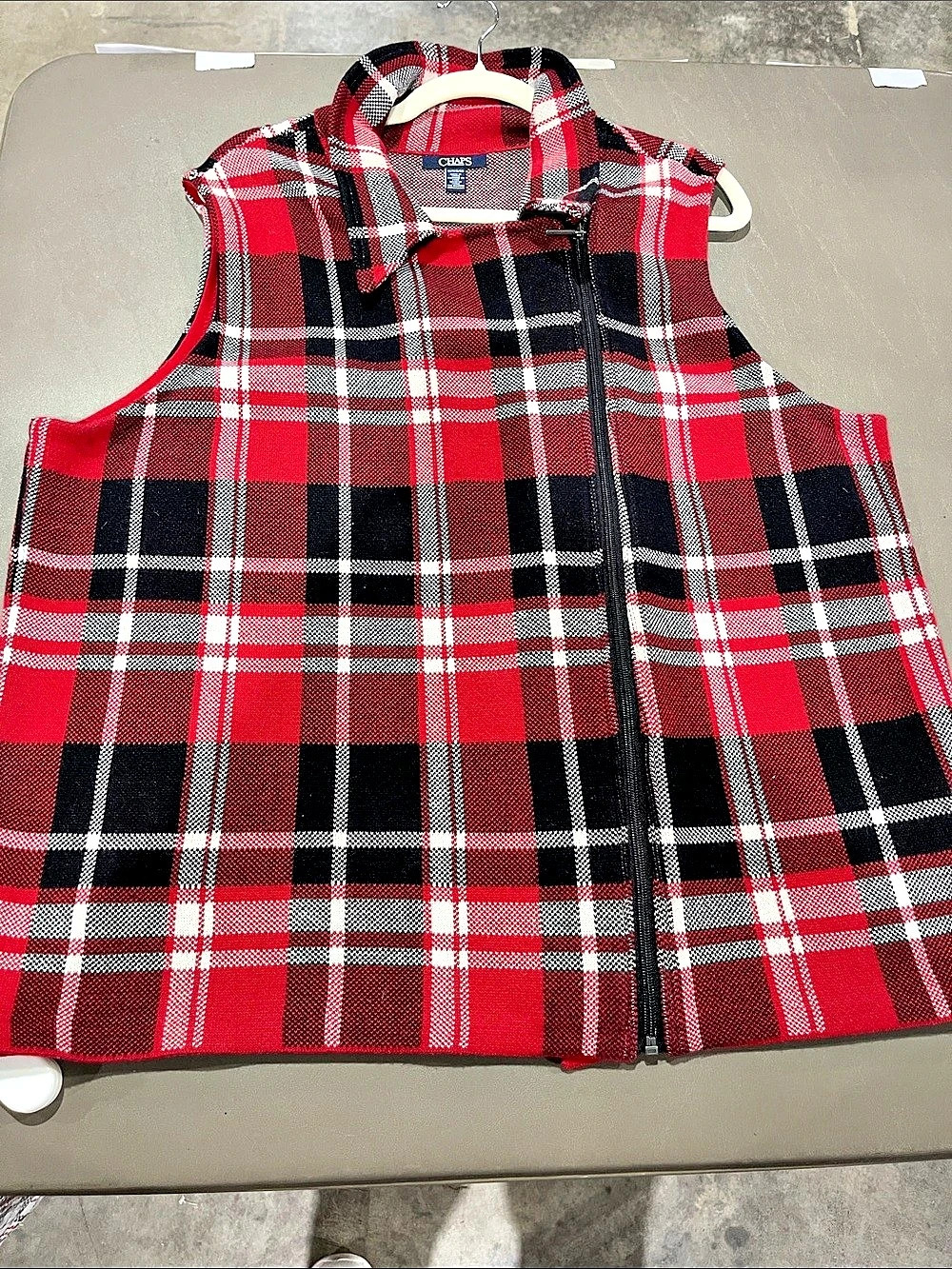 Chaps Plaid Asymmetrical Zip Front Sweater Vest Red & Black XL